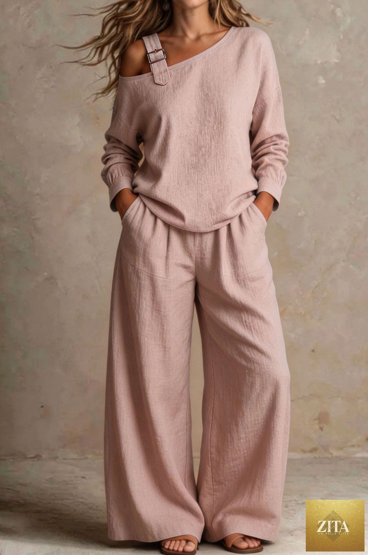 Women's One-Shoulder Buckle-Strap Long-Sleeve Linen Blend Top & Wide-Leg Palazzo Trouser Set