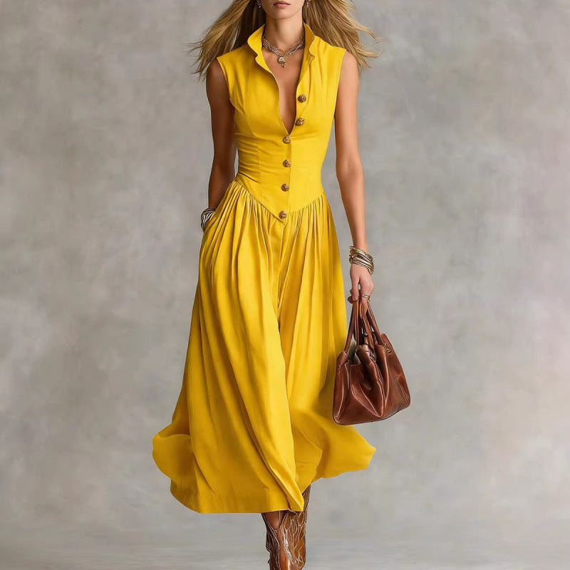 Women's sleeveless lapel collar maxi dress by FitiqueFit, slim fit casualwear with patchwork design on a white background.