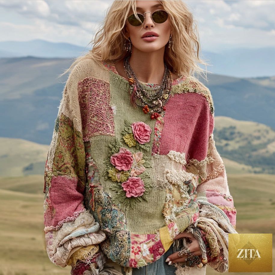 Women's retro patchwork floral padded crew-neck sweatshirt with colorful floral and patchwork design, long sleeves, and cozy fit.
