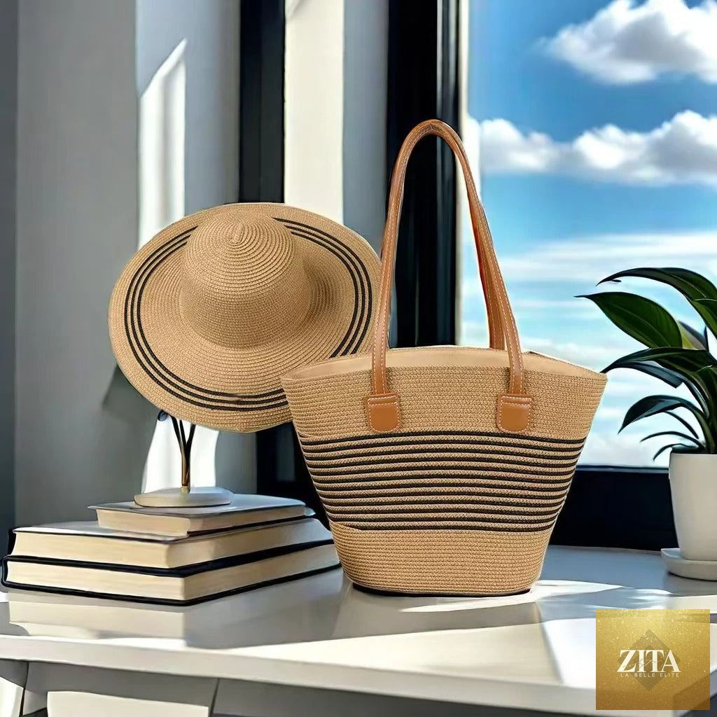 Straw Hat & Tote Set – Beach Vacation Sun Protection Duo, Large Capacity Travel Tote