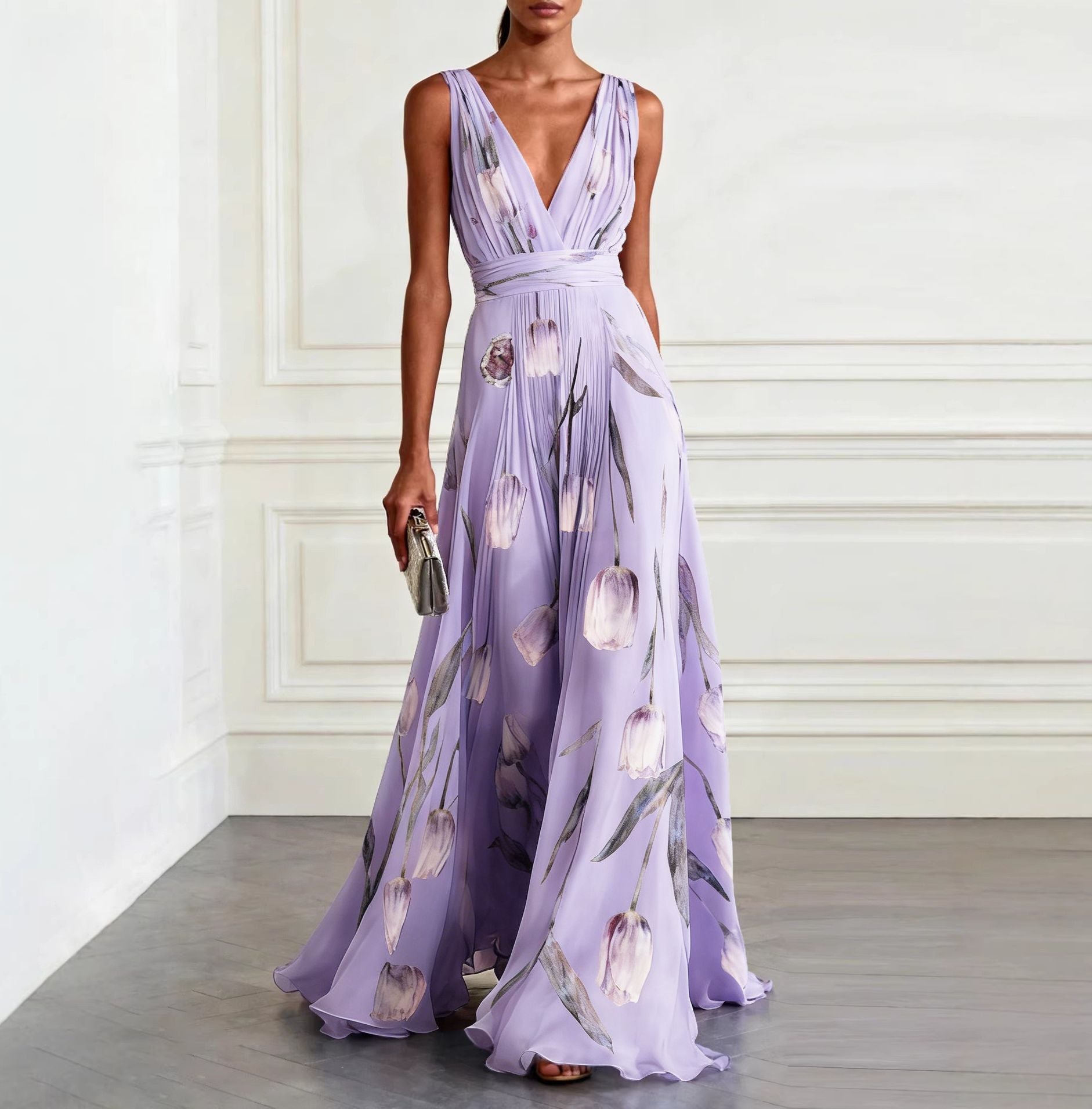 Women's tulip print sleeveless A-line maxi dress by FitiqueFit, featuring deep V-neck and available in six colors.