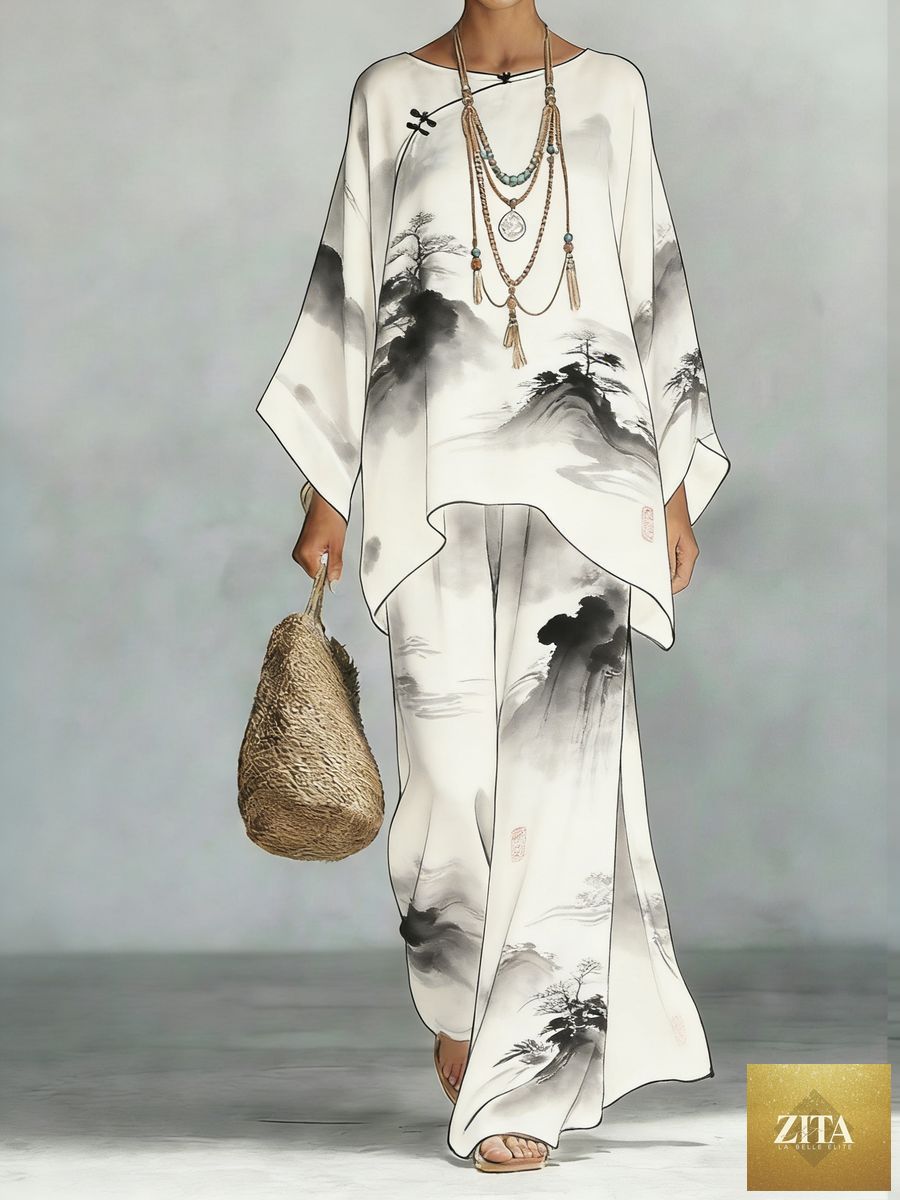 MERIDGE floral print bamboo linen two-piece set with wide-leg pants, featuring a colorful floral pattern and relaxed fit.