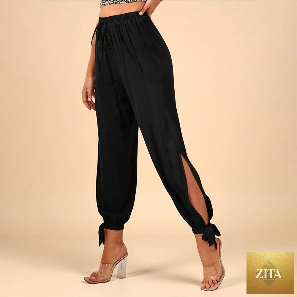 Black High-waisted Drawstring Split-leg Tie-cuff Casual Pants