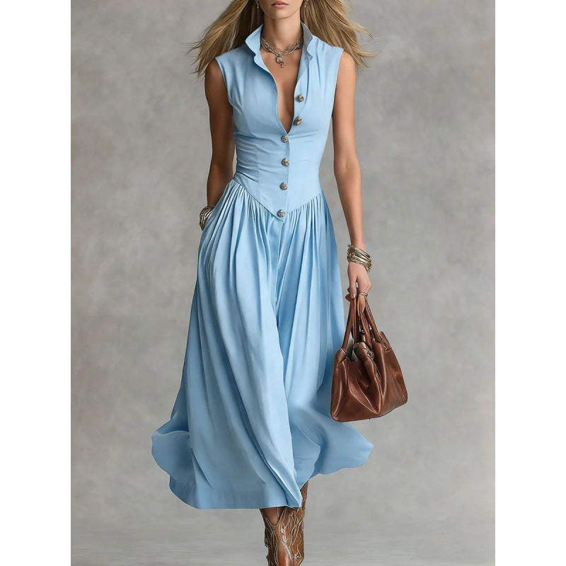 Women's sleeveless lapel collar maxi dress by FitiqueFit, casualwear with slim fit and patchwork design, shown on a model.