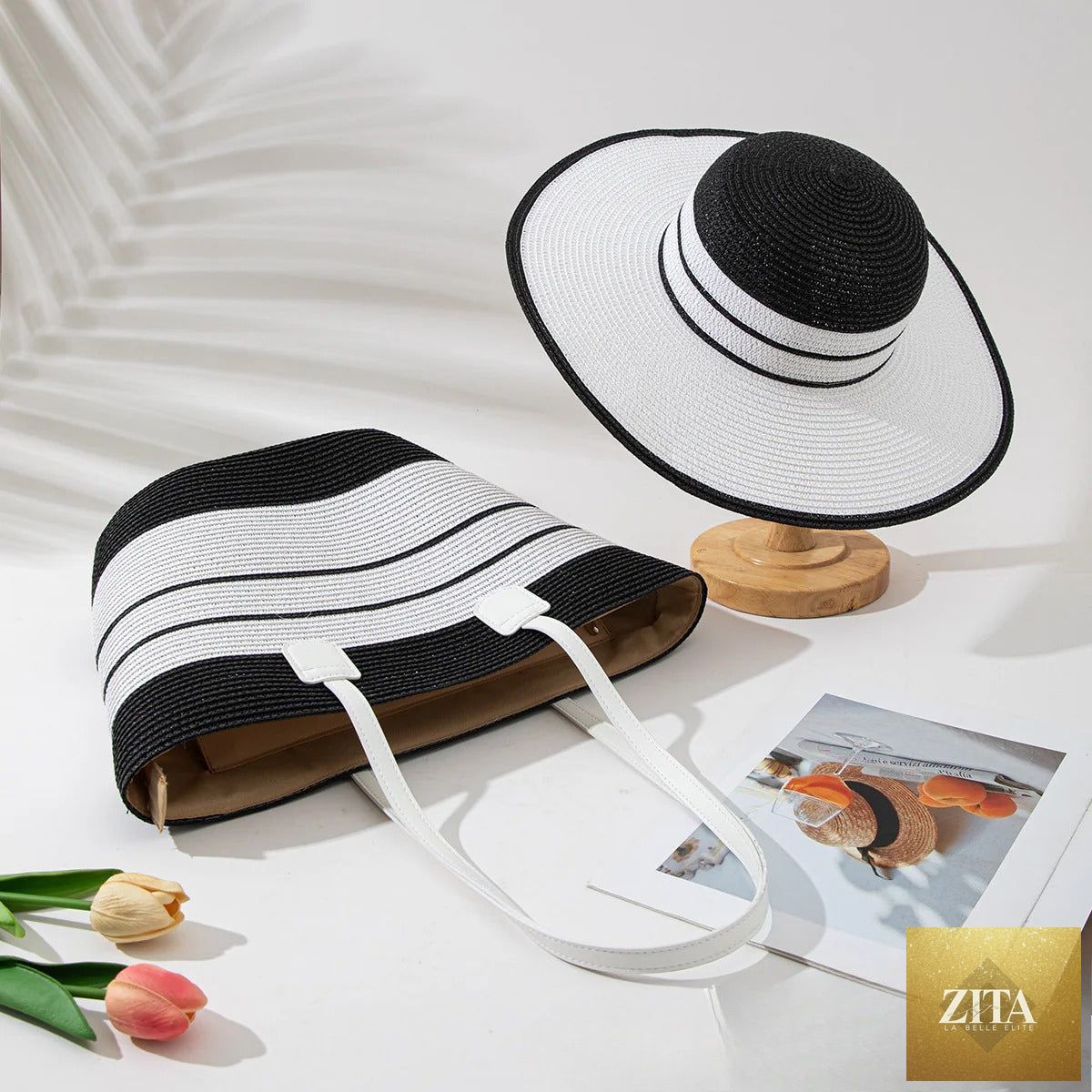 Straw Hat & Tote Set – Beach Vacation Sun Protection Duo, Large Capacity Travel Tote