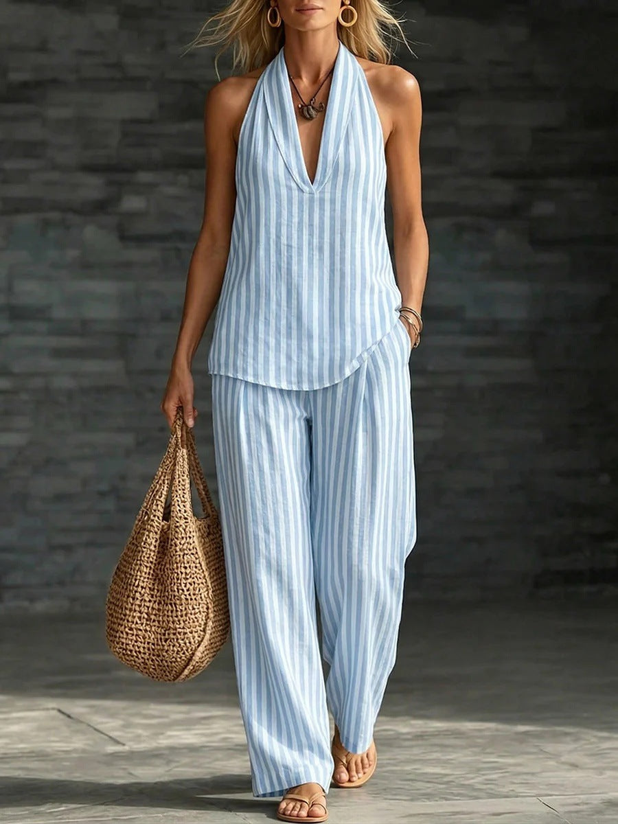 Women's striped sleeveless top and wide-leg pants set by FitiqueFit, casualwear 2-piece outfit, featuring a stylish, comfortable design.