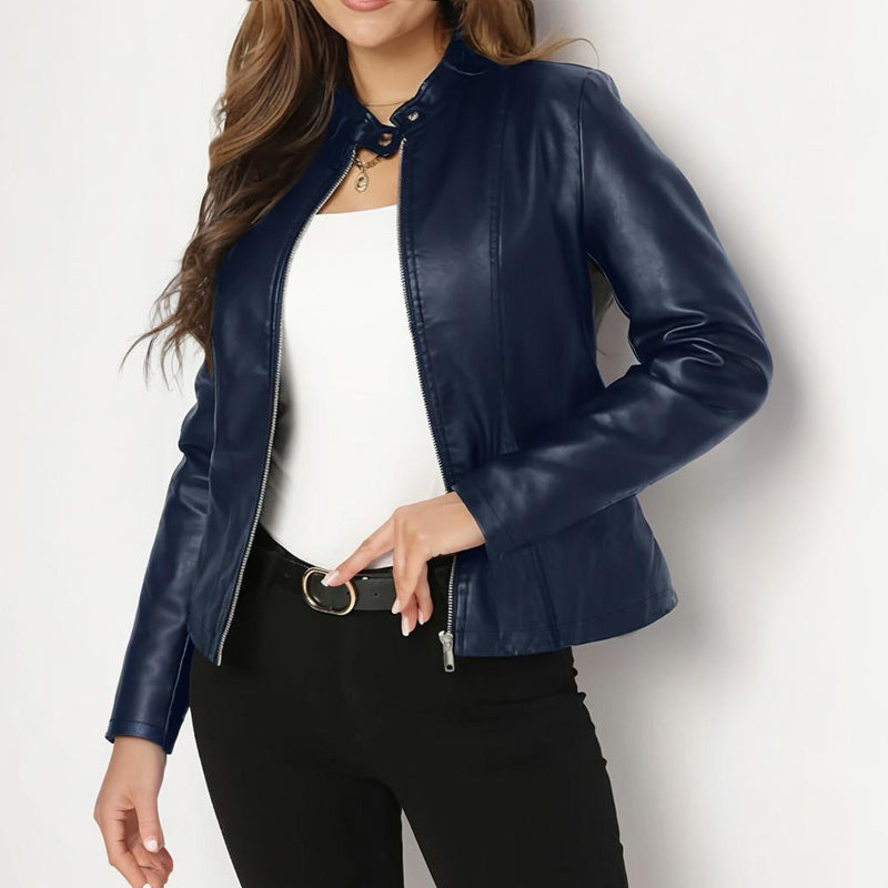 Women's solid color long sleeve faux leather blazer with stand collar, casualwear by FitiqueFit, shown in black.