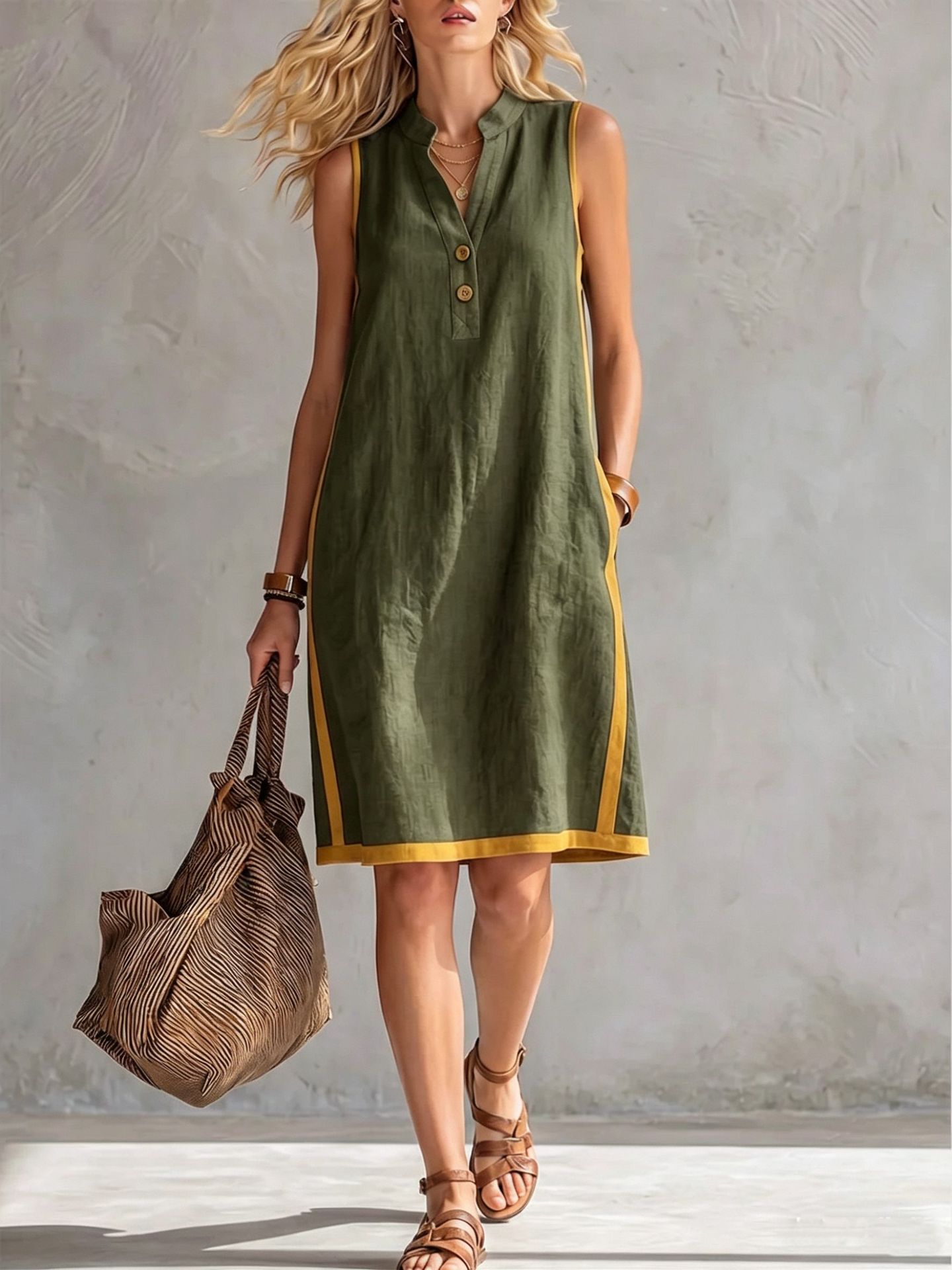Women's sleeveless V-neck button-front A-line midi dress with front pockets, casualwear by FitiqueFit.
