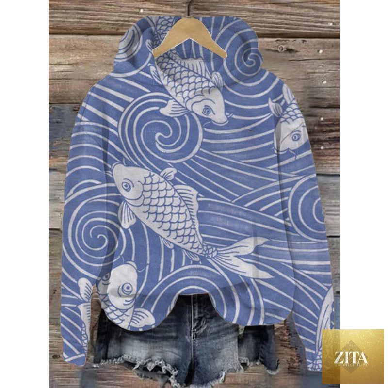 Women’s printed hooded long sleeve sweatshirt by FitiqueFit, featuring a stylish hoodie with colorful print design.