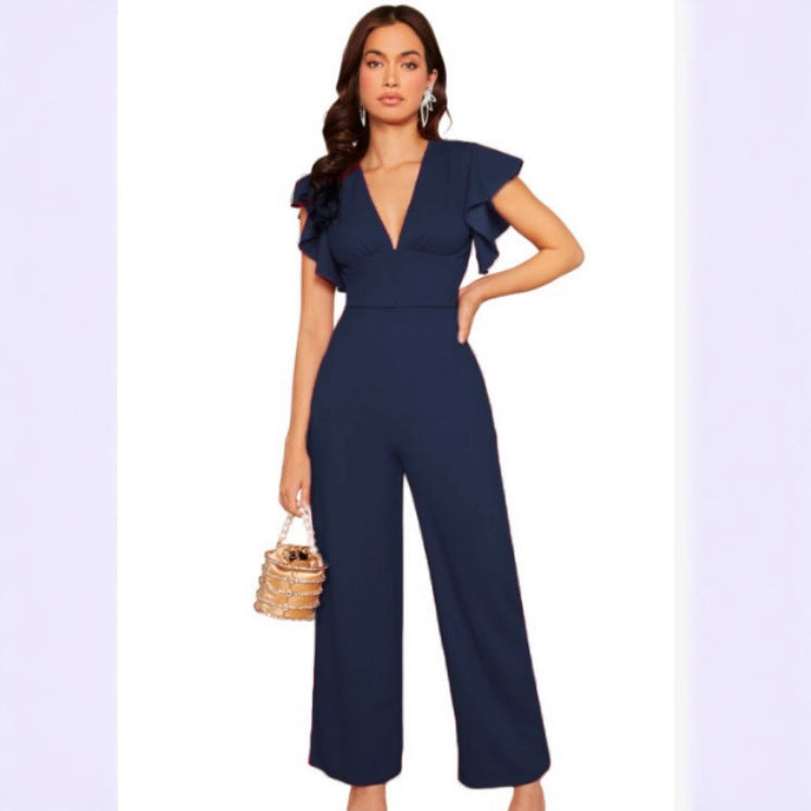 Women's high-waist ruffle trim jumpsuit in three colors, casualwear by FitiqueFit, featuring elegant design and comfortable fit.