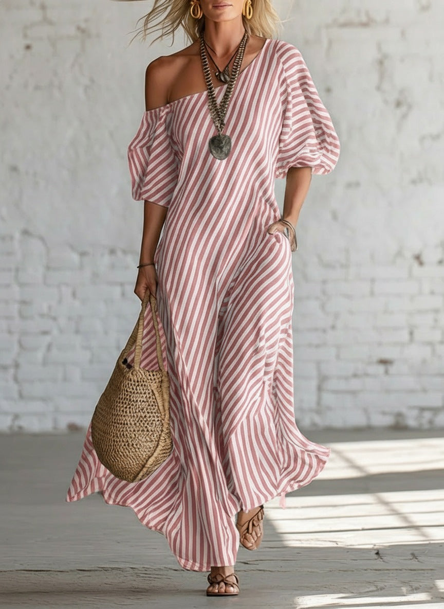 Women's striped off-shoulder elegant midi dress by FitiqueFit, featuring a stylish design with a fitted waist and flowing hem.