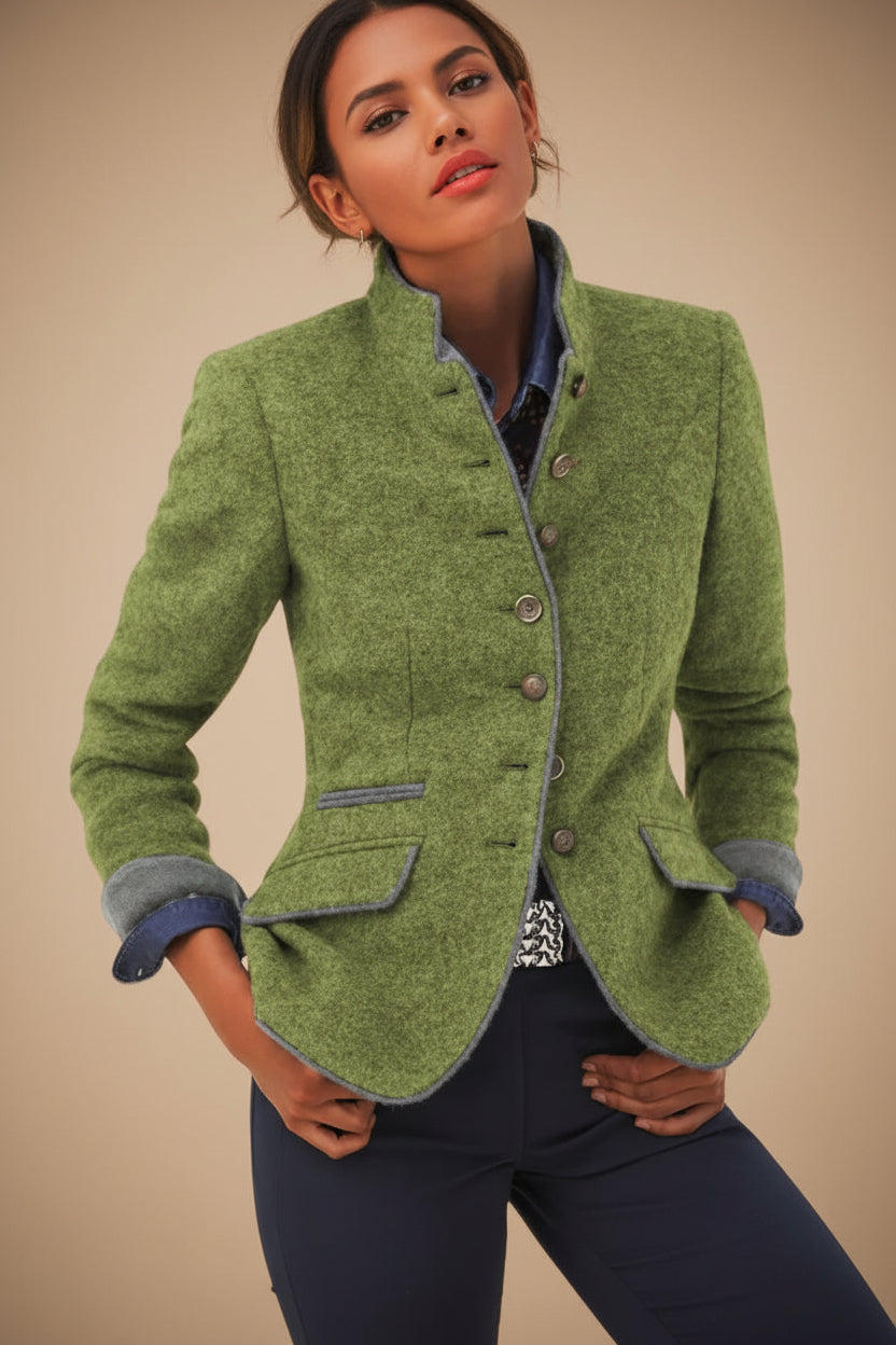 Women's color-block woolen coat by FitiqueFit featuring multi-button design and casual elegant style, shown on a model.