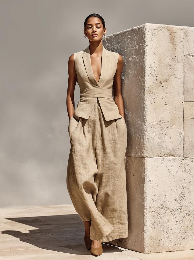 Women's Linen V-Neck Sleeveless Tank Top & Long Pants Set