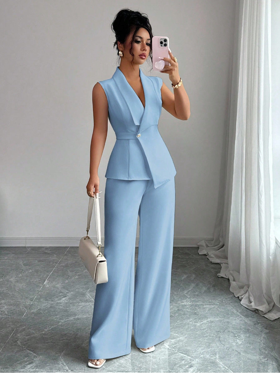 Women's sleeveless blazer and straight-leg pants two-piece casualwear set by FitiqueFit, shown in a stylish, relaxed fit ensemble.