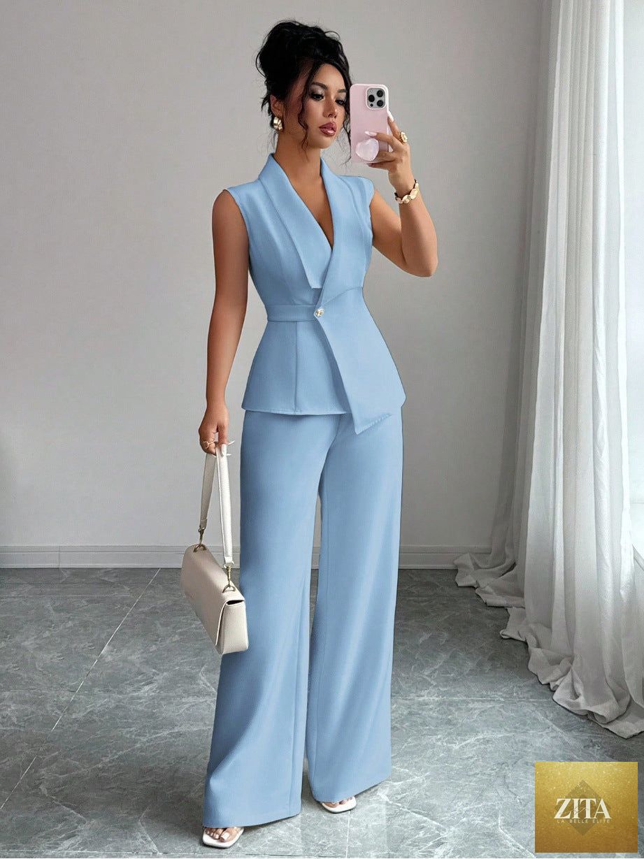 Women's MERIDGE peplum sleeveless blazer and wide-leg pants two-piece set, featuring tailored fit and stylish design.