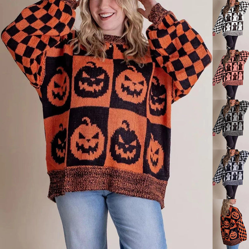 Halloween Cartoon Pumpkin Ghost Sweater Winter Loose Pullover Knitted Crimson Medea