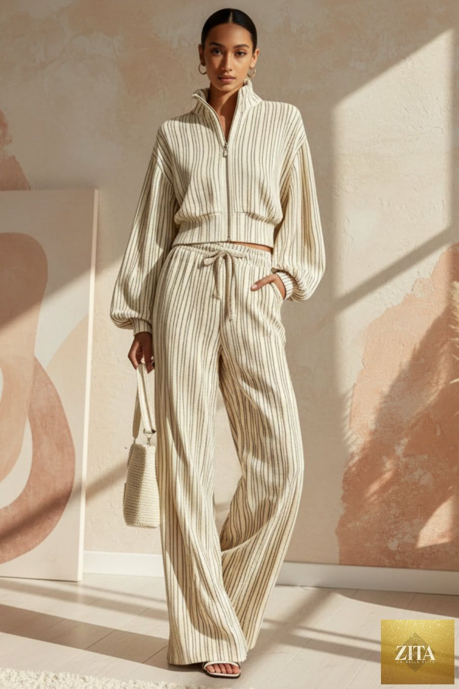 Women's Textured Woven-Stripe Puff-Sleeve Zip Jacket & Wide-Leg Pants Set