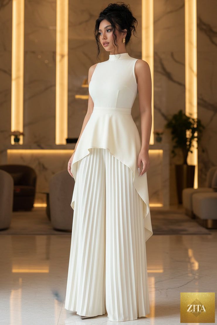 Women's Mock Neck Asymmetric Hi-Lo Peplum Top & Accordion Pleated Wide-Leg Palazzo Pants Set
