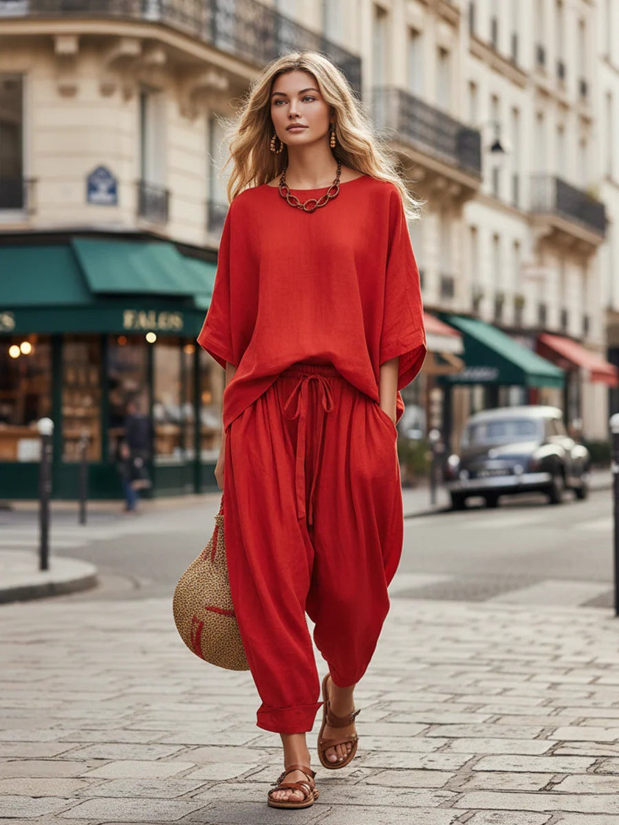 Women's solid color casual set with T-shirt and ankle pants from FitiqueFit, featuring a relaxed, loose fit for comfortable everyday wear.