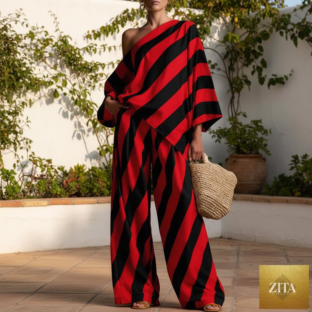 Women's retro striped batwing top and wide-leg pants two-piece set by MERIDGE, featuring bold horizontal stripes and relaxed fit.