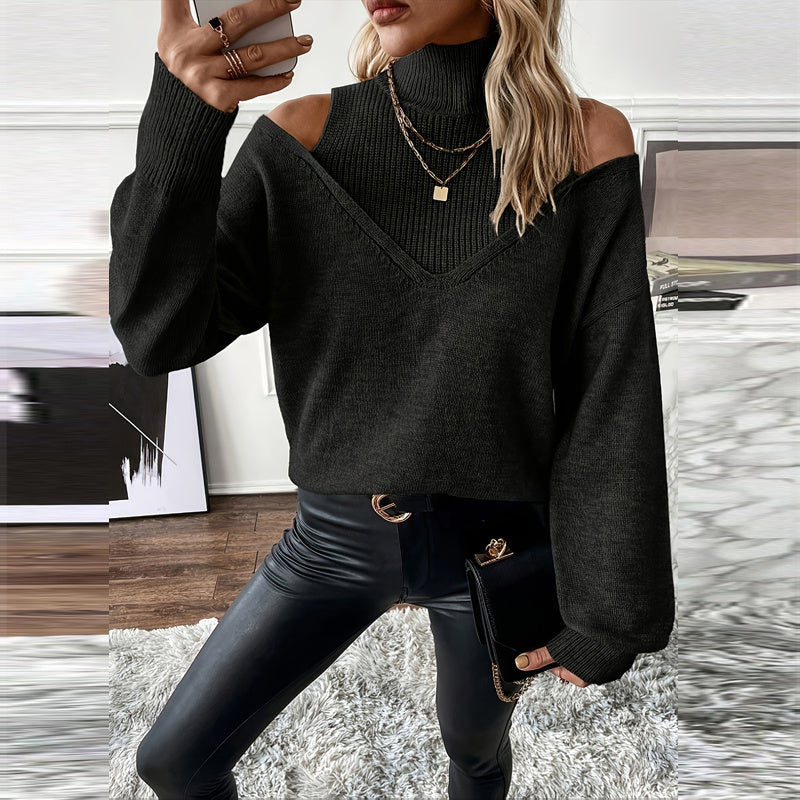 Women’s elegant off-shoulder turtleneck sweater by FitiqueFit, long sleeve knit top with a stylish, casual design.