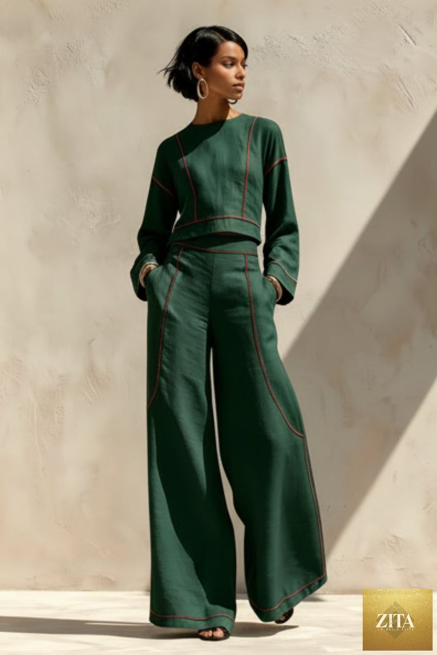 Women's Cropped Long-Sleeve Top & Ultra-Wide Palazzo Pants Set