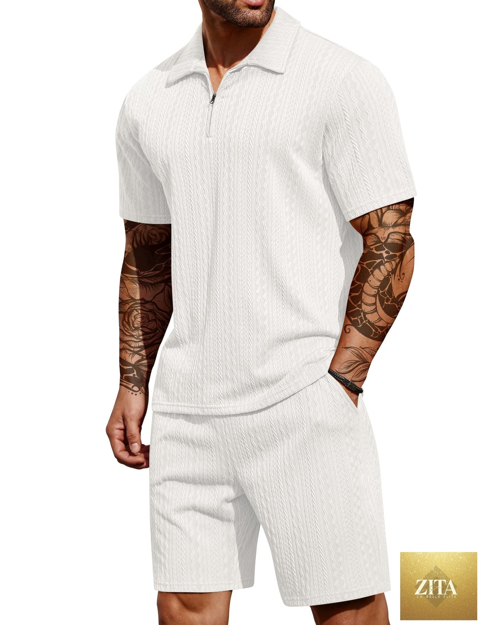 COOFANDY Men's 2 Pieces Outfits Casual Quarter Zip Polo Shirt and Shorts Set Athletic Jogging Summer Tracksuit