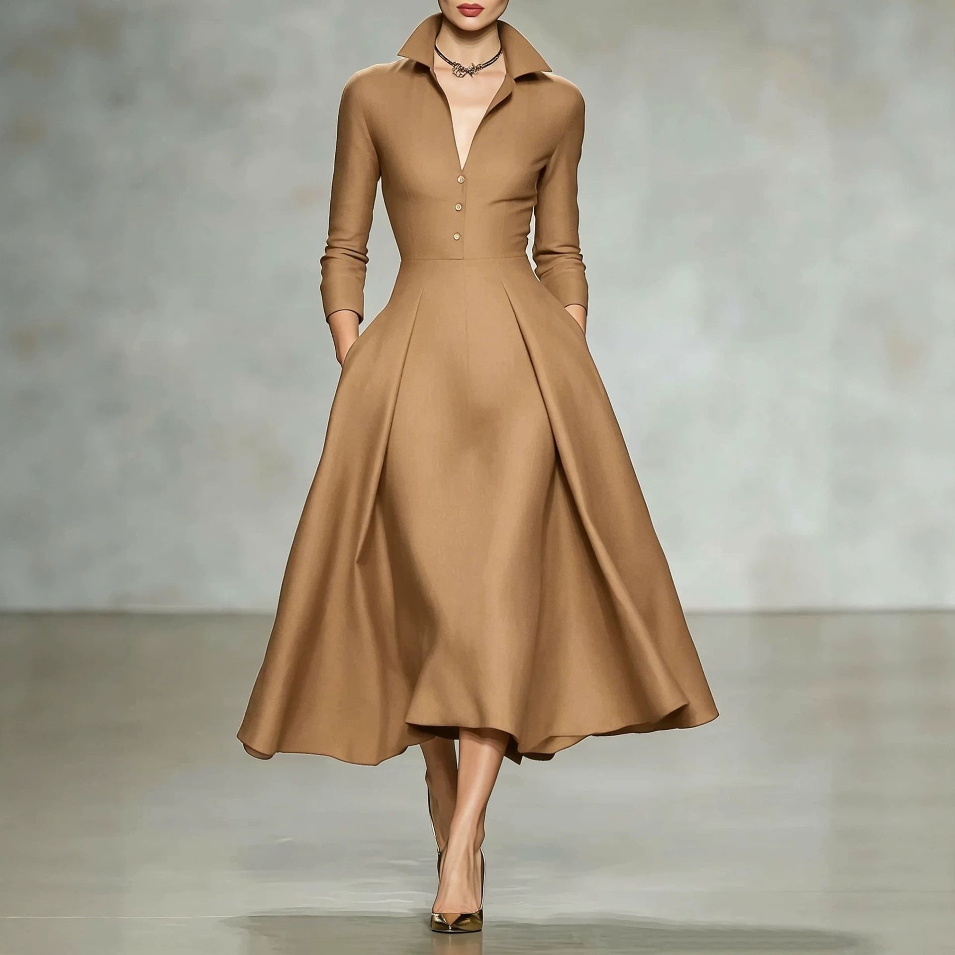 V-neck waist-cinching long sleeve midi dress by FitiqueFit, featuring a fitted silhouette and elegant design.