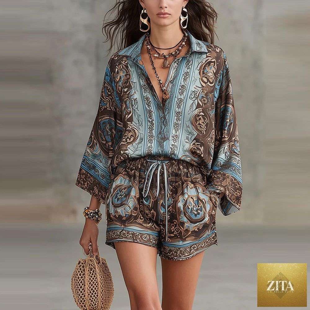 Women's Baroque Medallion Print Batwing Shirt & Shorts Set