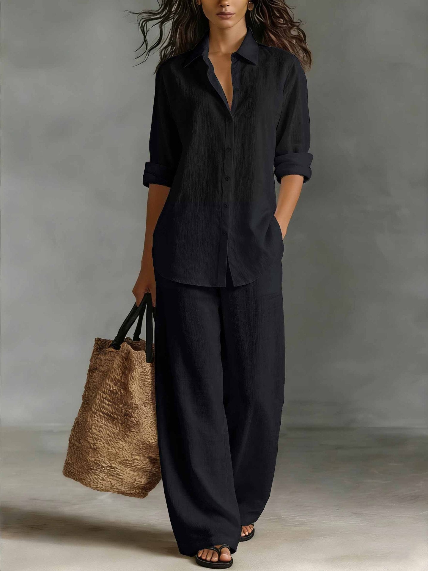 Women's Bohemian cotton-linen top and pants set by FitiqueFit, casual resort lounge co-ord, lightweight and relaxed summer outfit.