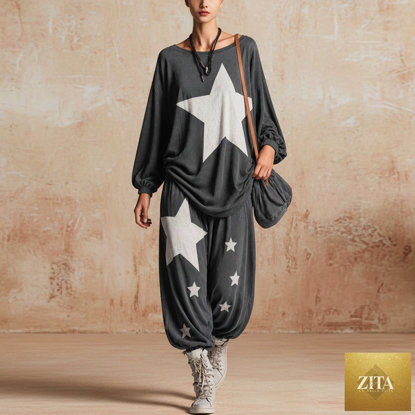 Women's Star Print Oversized Batwing Long-Sleeve Sweatshirt & Harem Balloon Trouser Set