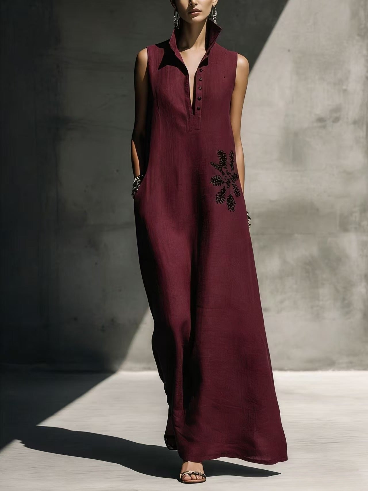 Women's cotton linen maxi dress with mandarin collar, graphic print, and pockets by FitiqueFit, perfect for casualwear.