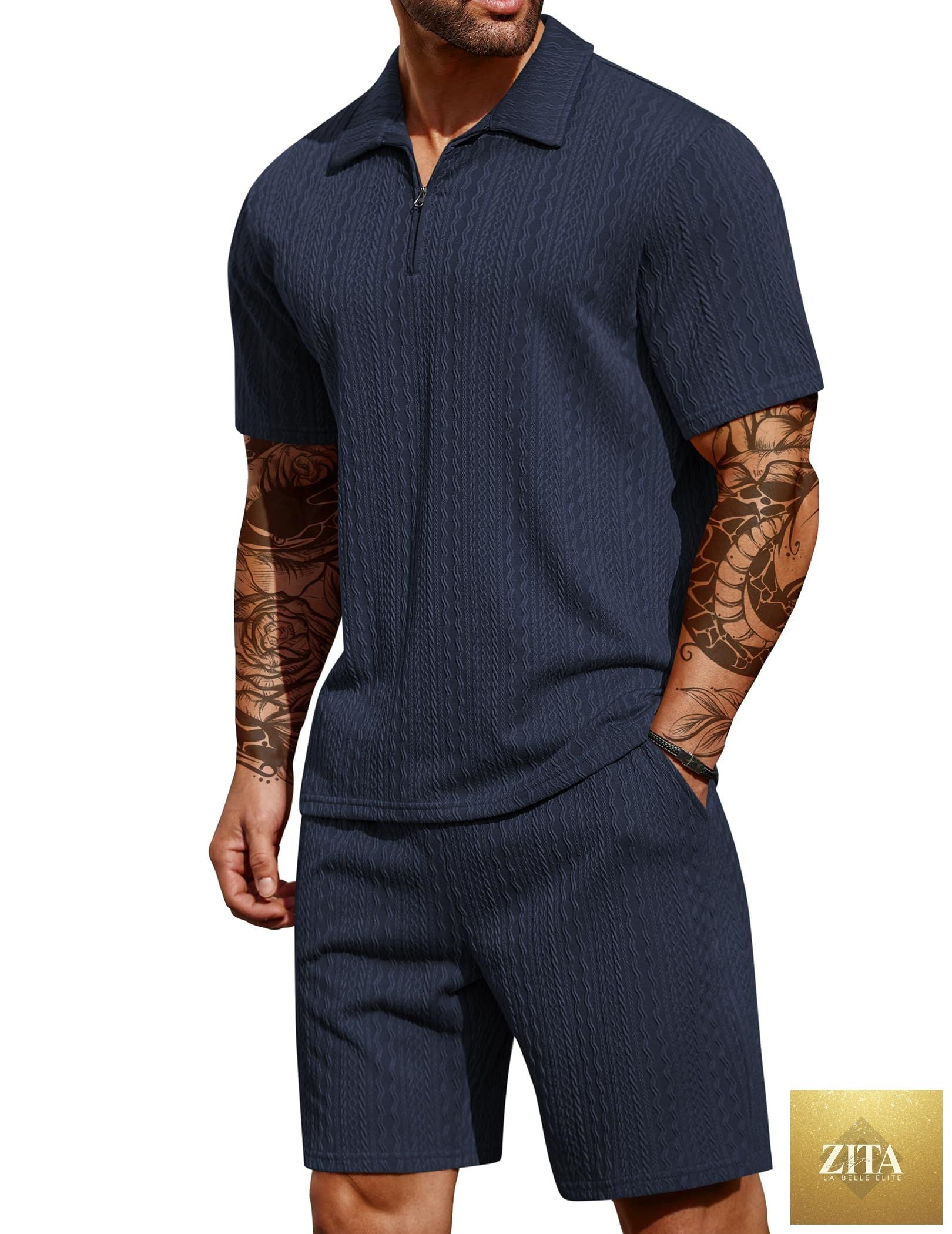 COOFANDY Men's 2 Pieces Outfits Casual Quarter Zip Polo Shirt and Shorts Set Athletic Jogging Summer Tracksuit