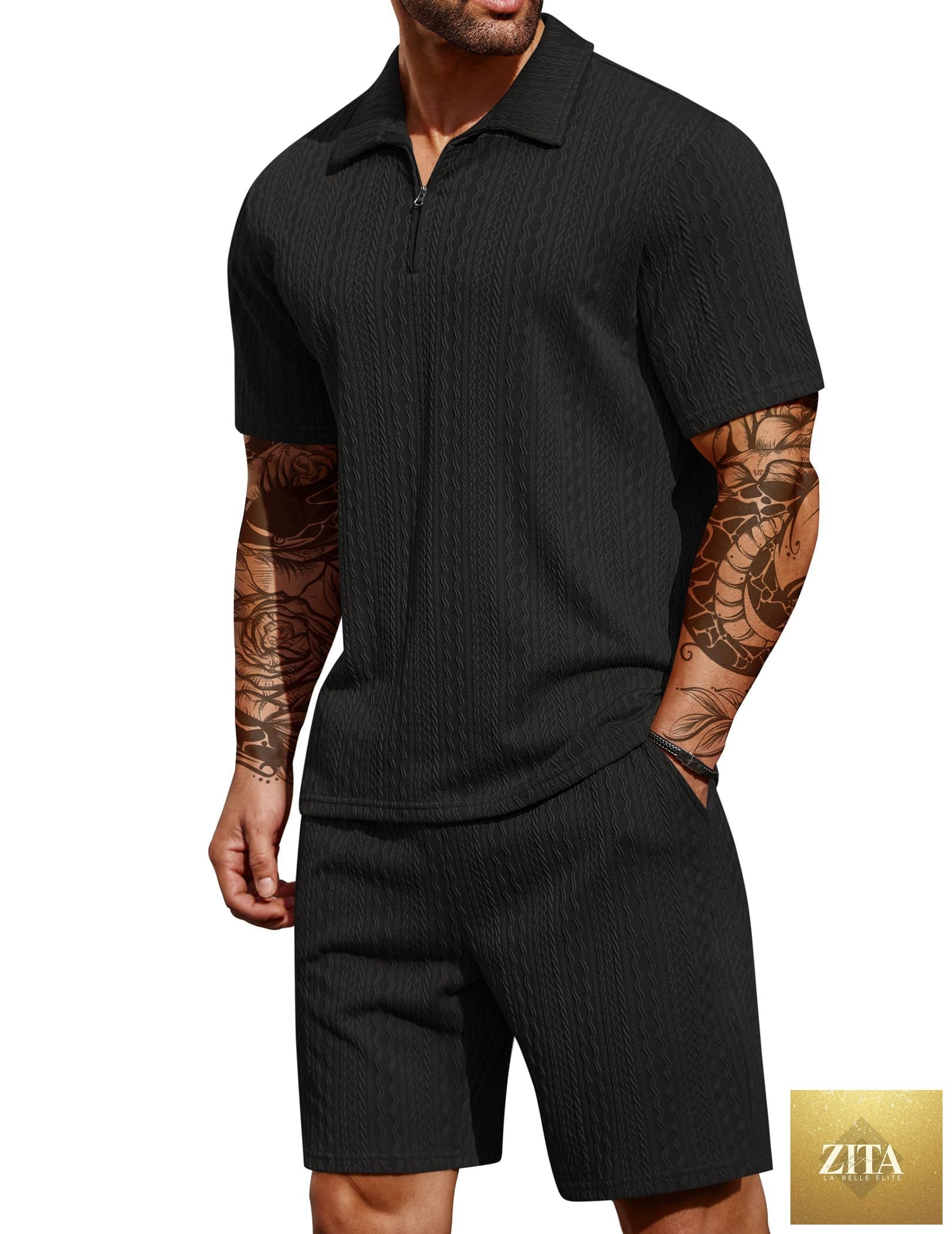 COOFANDY Men's 2 Pieces Outfits Casual Quarter Zip Polo Shirt and Shorts Set Athletic Jogging Summer Tracksuit