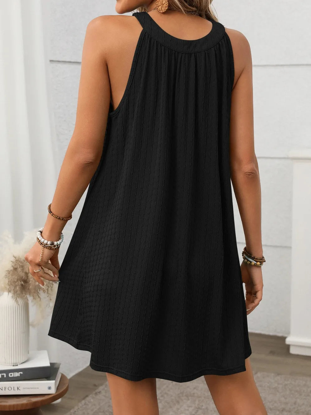 Textured Grecian Neck Mini Dress by Shopiebay, featuring a fitted design, draped fabric, and elegant style for summer occasions.