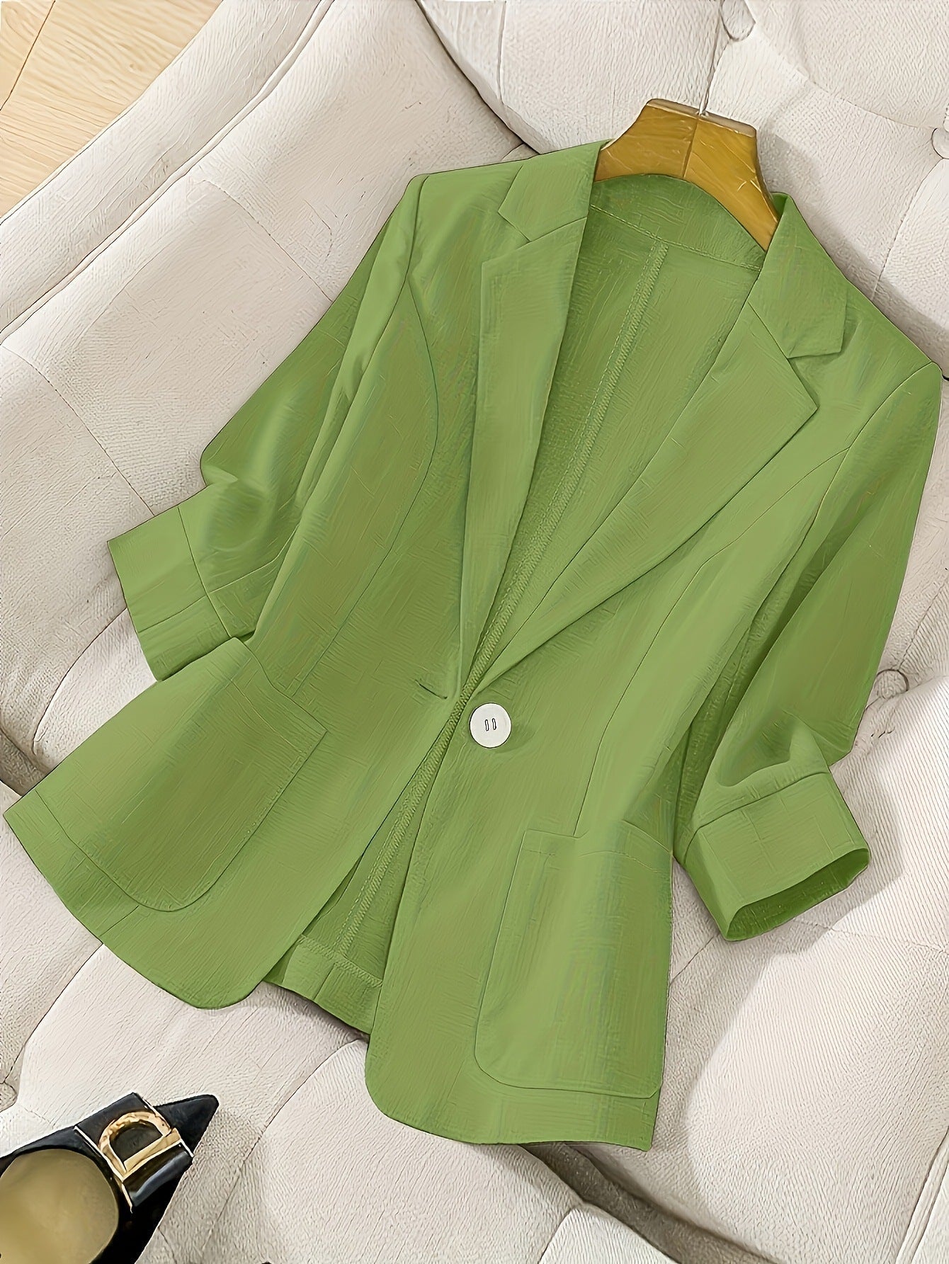 Women's casual blazer with three-quarter sleeves and single-button closure from FitiqueFit, stylish coat for everyday wear.