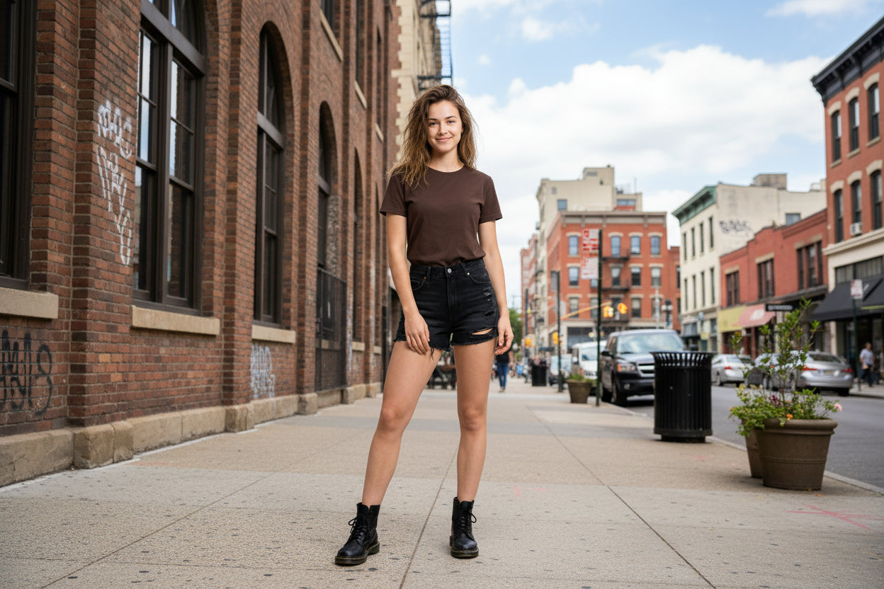 Slim-fit solid color combed cotton top by FitiqueFit in three colors, casualwear, displayed on a model with short sleeves.