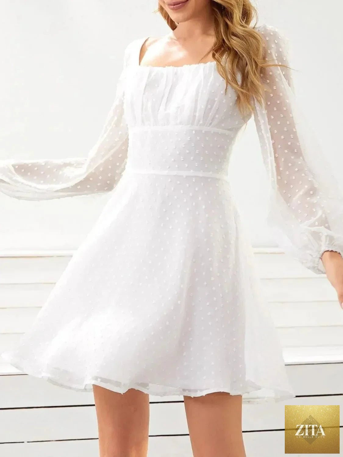 Swiss Dot long sleeve mini dress by Shopiebay featuring a fitted silhouette and delicate dotted fabric.