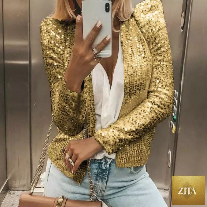 Women’s colorblock sequin short jacket by FitiqueFit, casual glam jacket featuring vibrant color blocking and shimmering sequins.