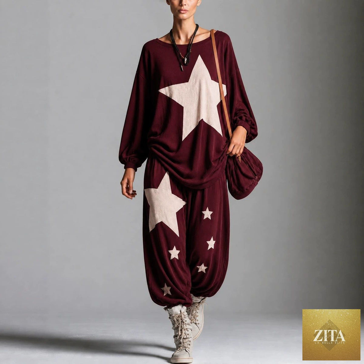 Women's Star Print Oversized Batwing Long-Sleeve Sweatshirt & Harem Balloon Trouser Set