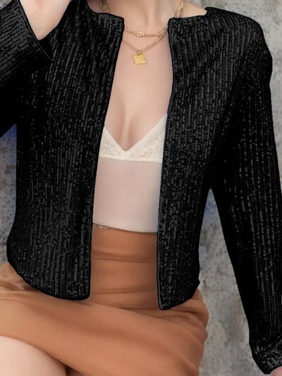 Stevvex women's full-size sequin open-front cropped jacket with glamorous sparkle, perfect for parties and special occasions.