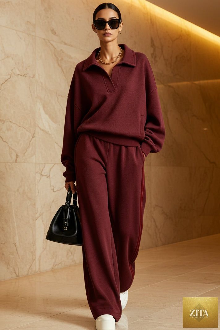 Women's Polo-Collar Oversized Sweatshirt & Side-Stripe Wide-Leg Pants Set