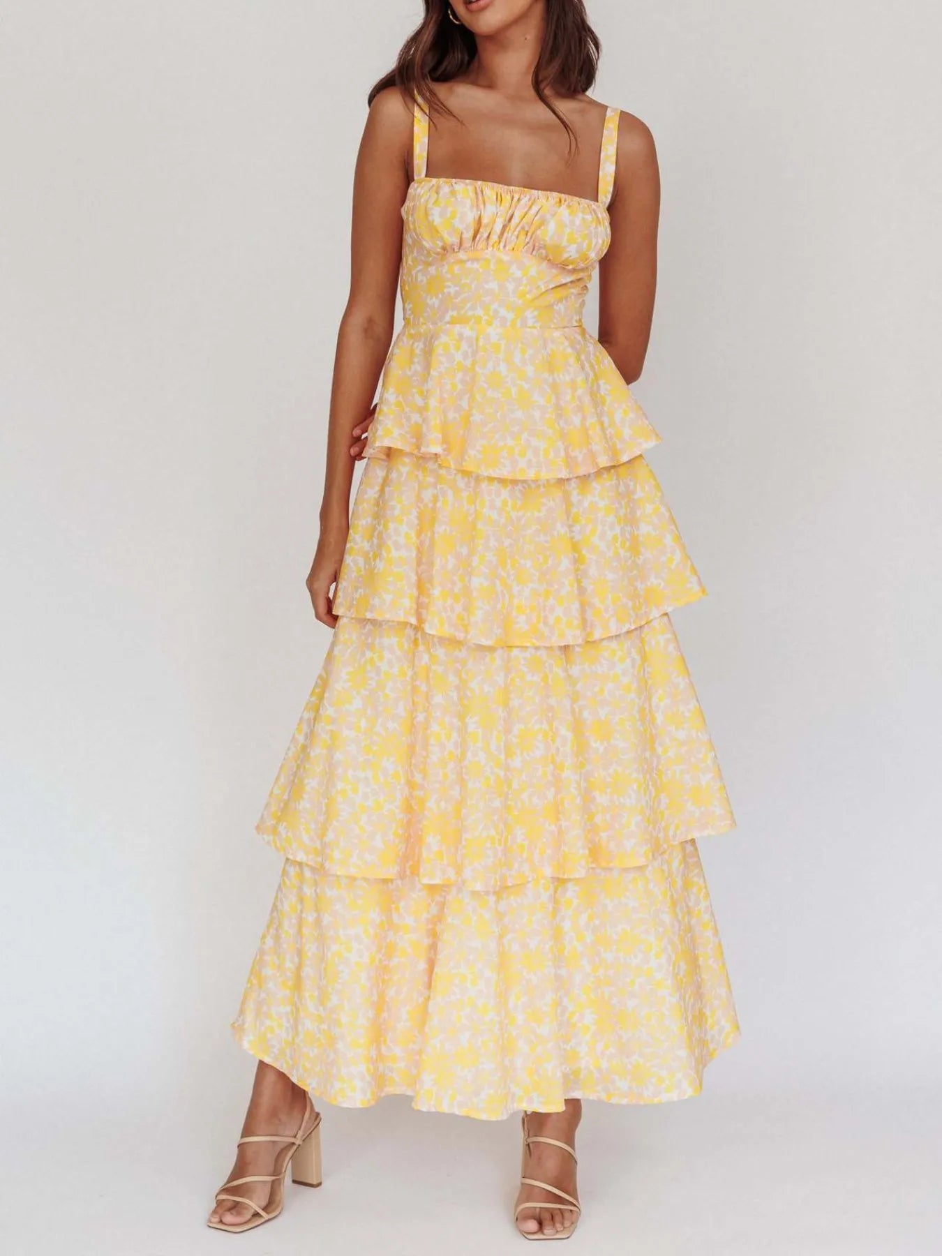 Floral layered ruffle maxi dress by Shopiebay featuring a flowy silhouette and vibrant floral print, perfect for summer occasions.