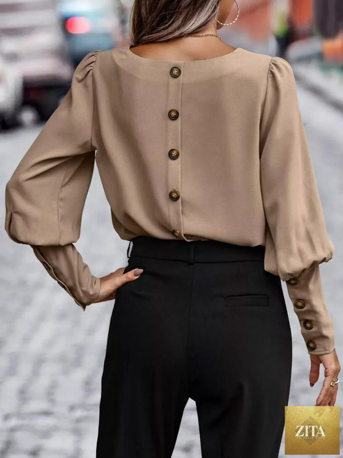 Simply Love back button lantern sleeve blouse featuring a stylish design with lantern sleeves and a back button detail.