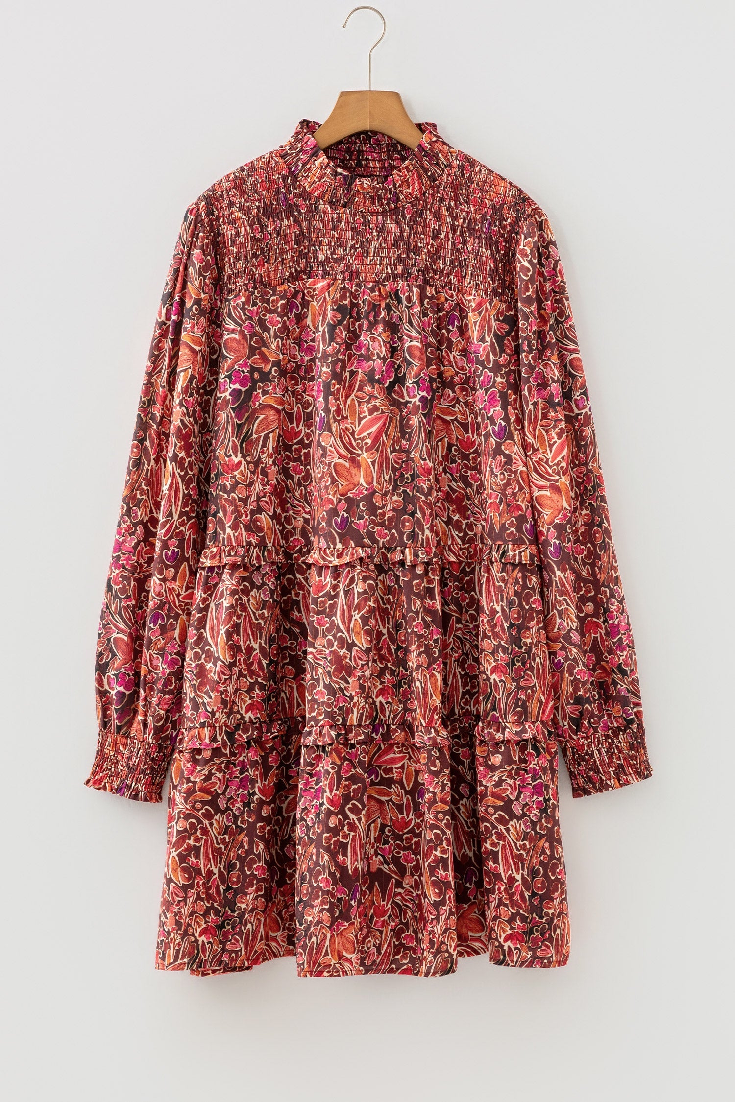 Red floral print long sleeve mini dress with shirred high neck and loose fit, by Wild and Free Boutique.