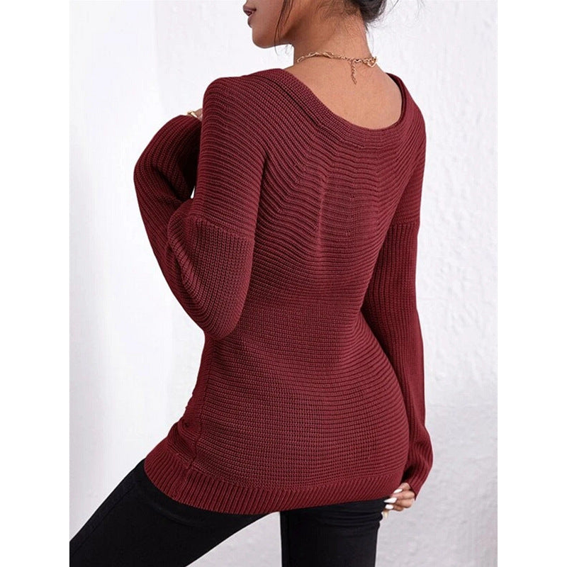 Women's off-shoulder crossover knit sweater by FitiqueFit, slim fit long sleeve casualwear in soft, cozy fabric.