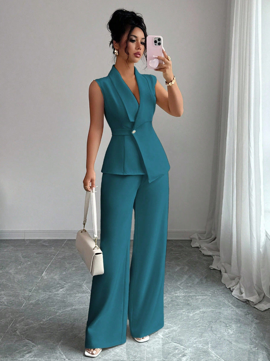 Women's sleeveless blazer and straight-leg pants two-piece set by FitiqueFit, casualwear outfit with tailored fit and modern style.
