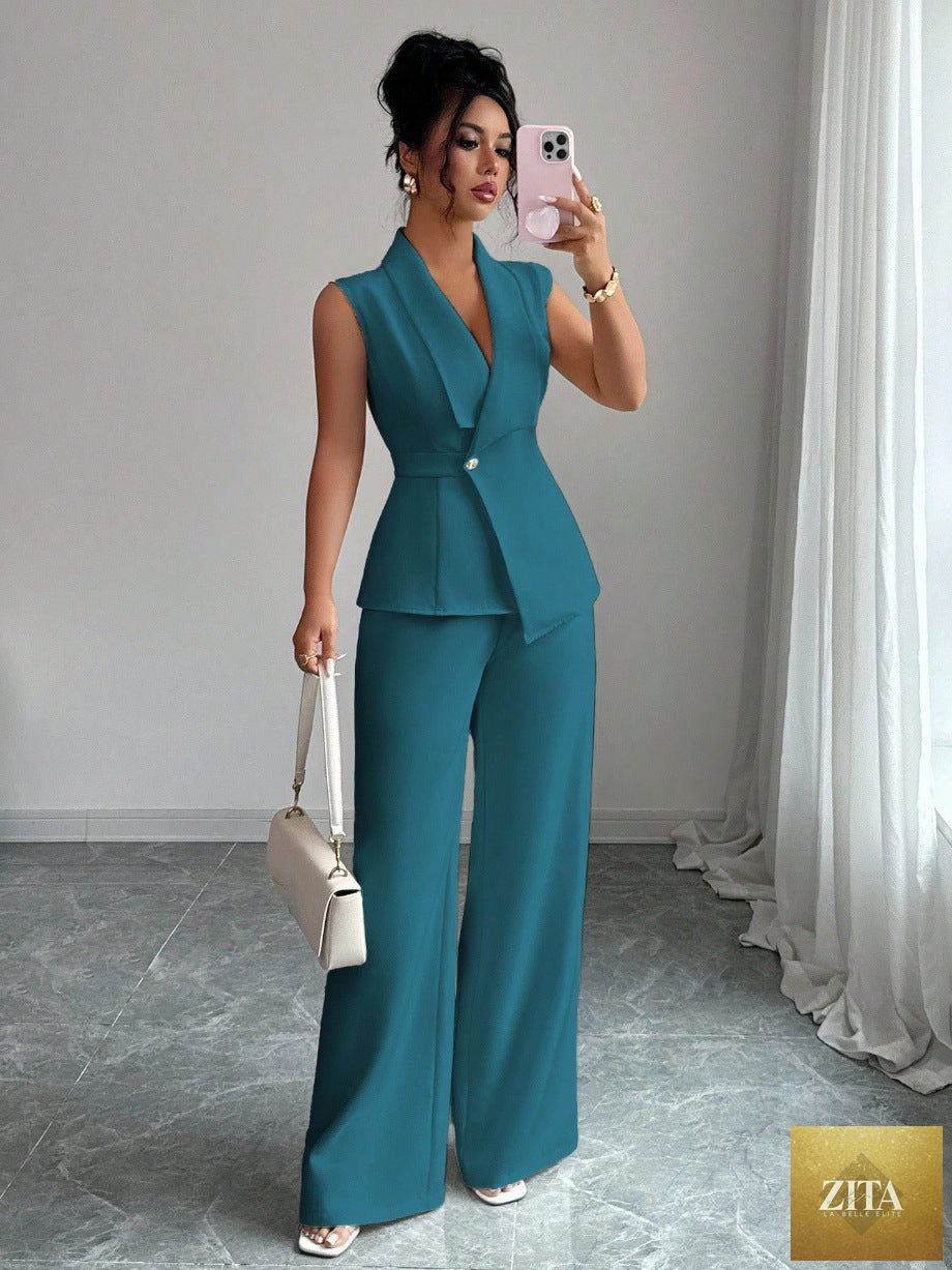 Women's peplum sleeveless blazer and wide-leg pants two-piece set by MERIDGE, featuring a stylish tailored design and modern fit.