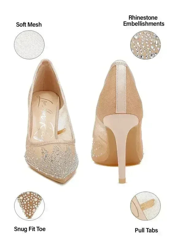 Femstylo high ball mesh rhinestone stiletto pumps with pointed toes and sparkling detailing for elegant evening wear.