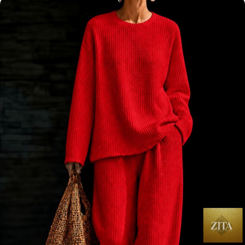 Women's waffle knit oversized crew-neck pullover and wide-leg lounge trousers two-piece set by MERIDGE, in soft, cozy fabric.